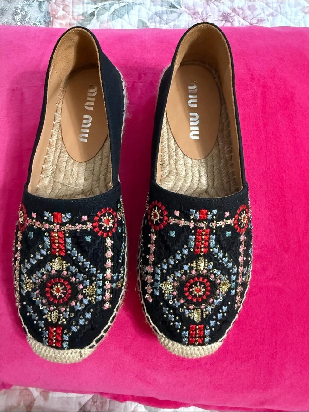 Miu Miu Black Beaded Embroidered Espadrilles
